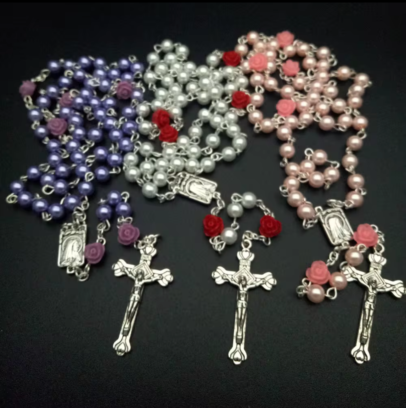 Catholic Rosary Necklace Rose Flowers Prayer Beads
