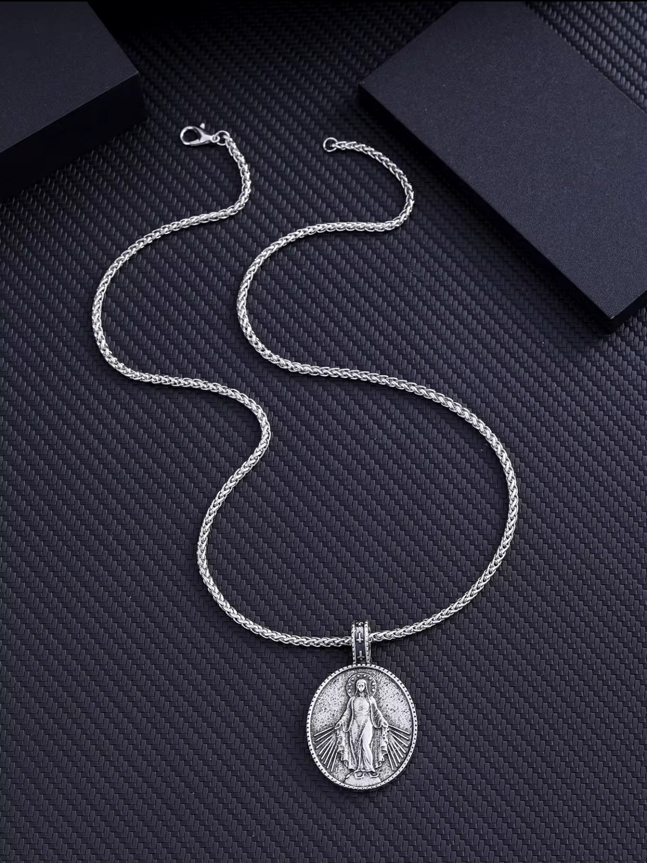 Silver Virgin Mary Medalion Necklace