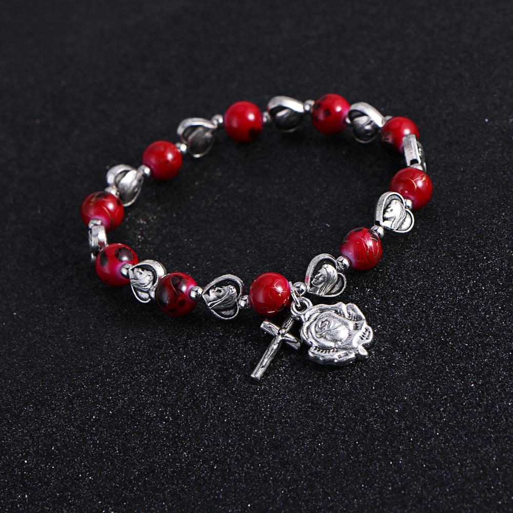Handmade Rosary Bracelet St Mary Red Stone Beaded Rose Cross