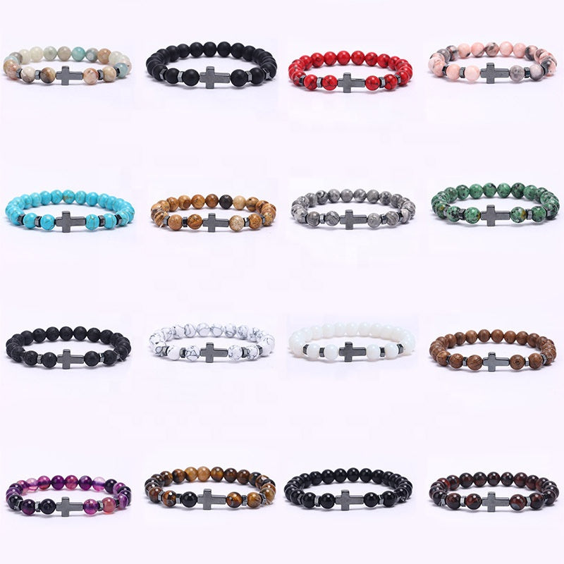 Natural Stone Beaded Cross Bracelet