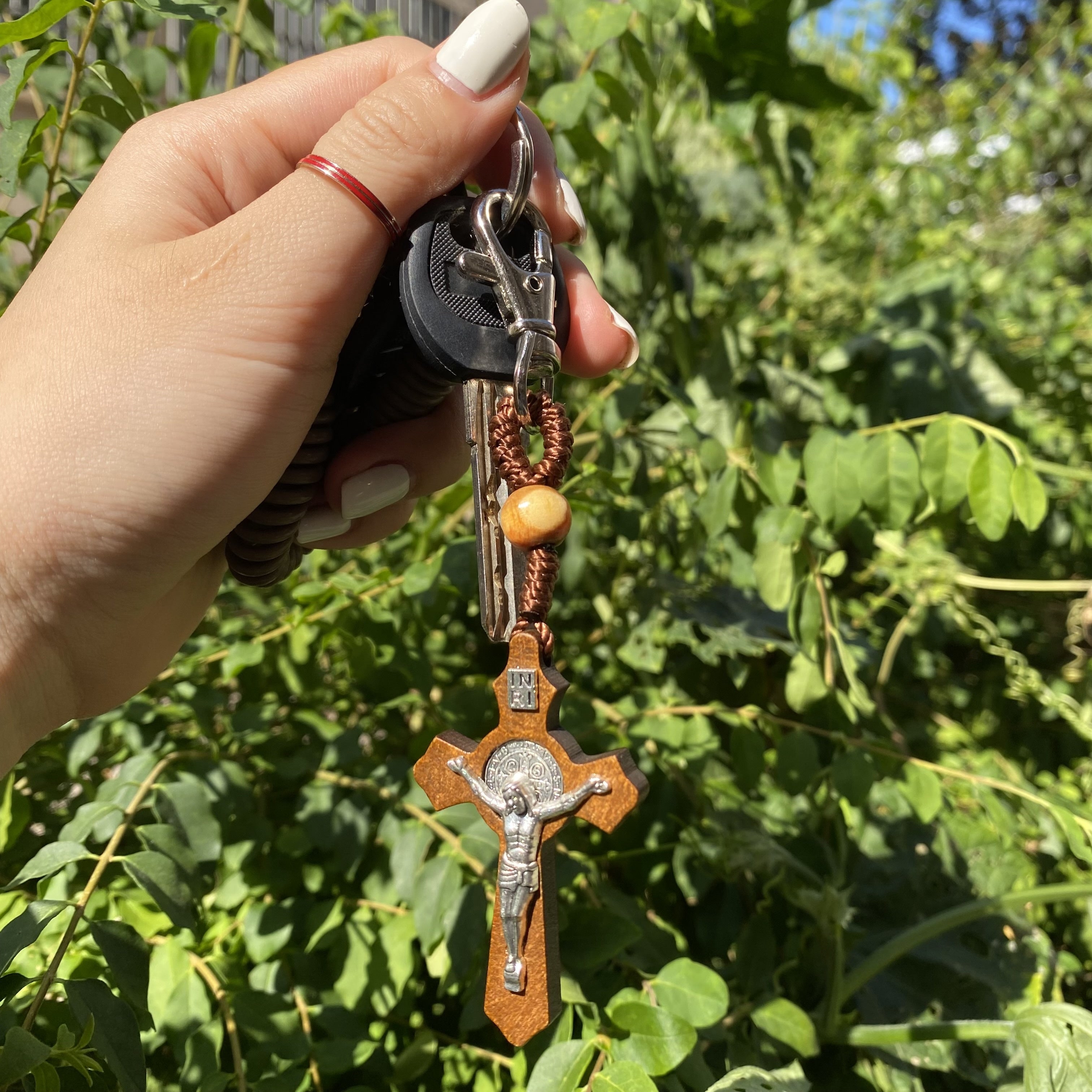 Wood Crucifix Keychain Handcrafted Rope Woven