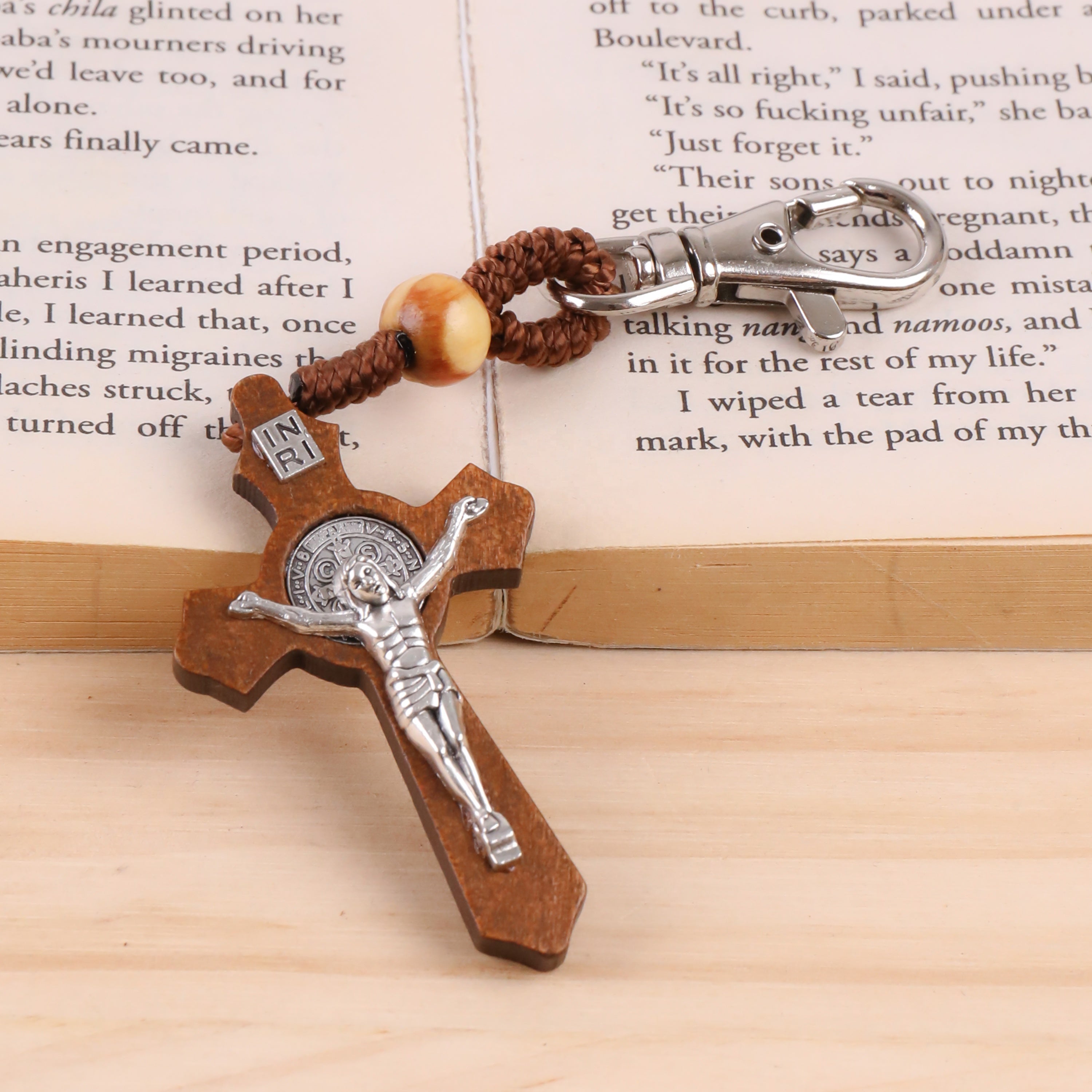 Wood Crucifix Keychain Handcrafted Rope Woven