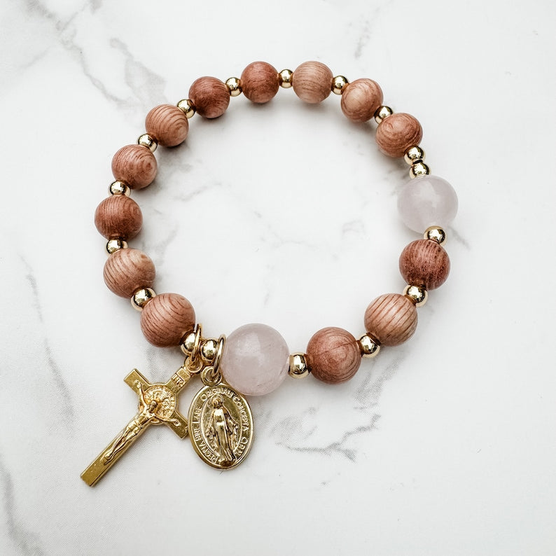 Wood & Rose Quartz Cross Bracelet